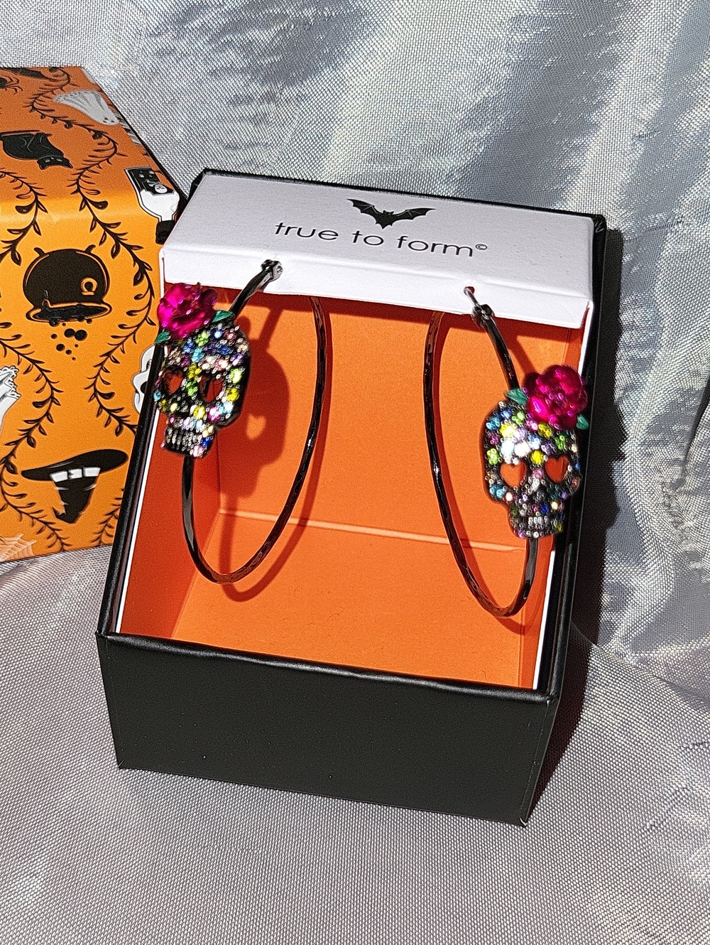 True To Form Black Multicolor Crystal Skull Hoop Earrings Bnib Te